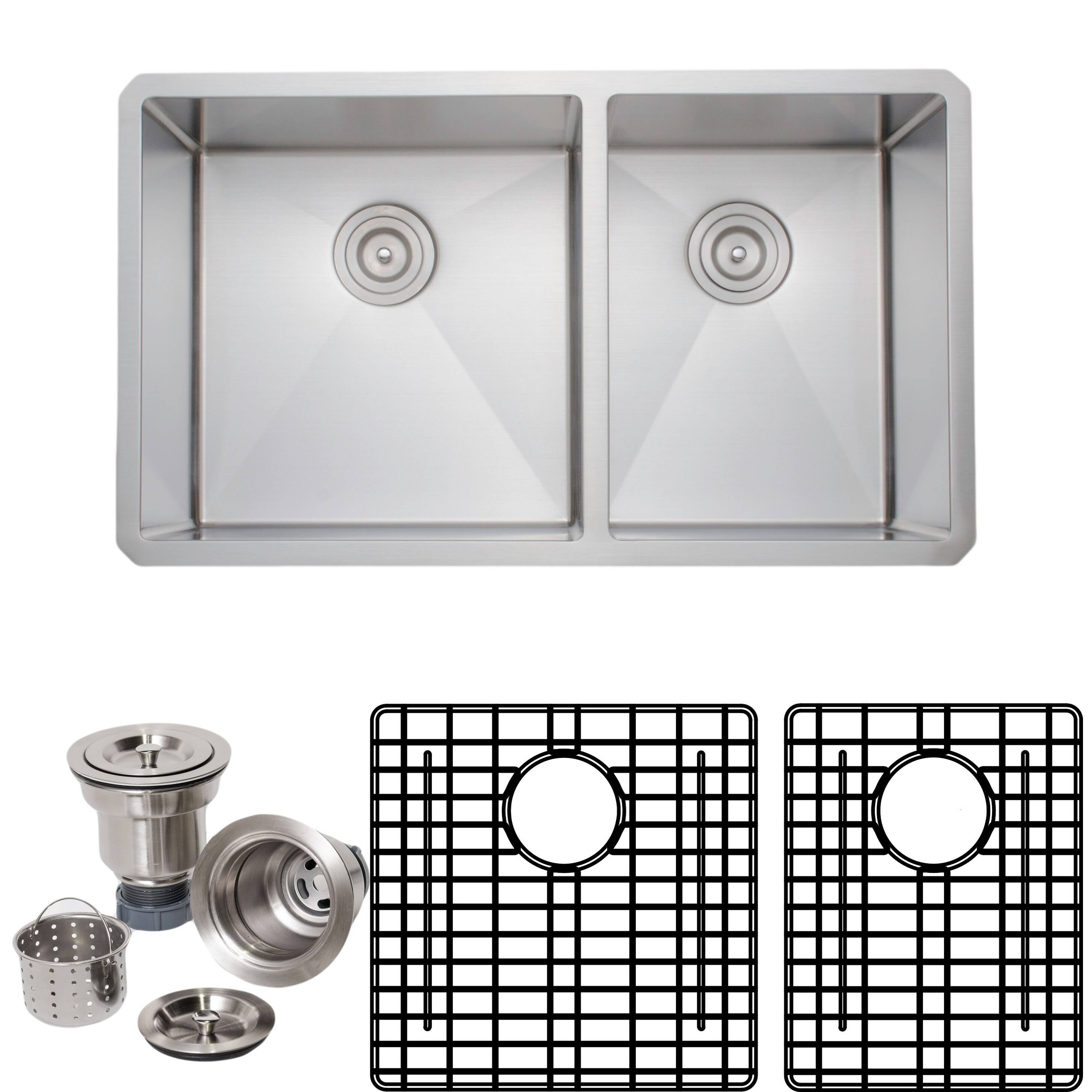 Wells Sinkware Handcrafted 33-inch 16-Gauge Undermount 60-40 Double Bowl Stainless Steel Kitchen Sink Package - Megean