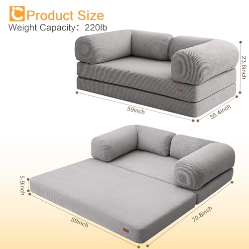 COMAX Folding Sofa Bed, Convertible Chair Bed Corduroy 3-in-1 Foldable Floor Couch with High-Density Foam, Futon Sofa Sleeper Mattress
