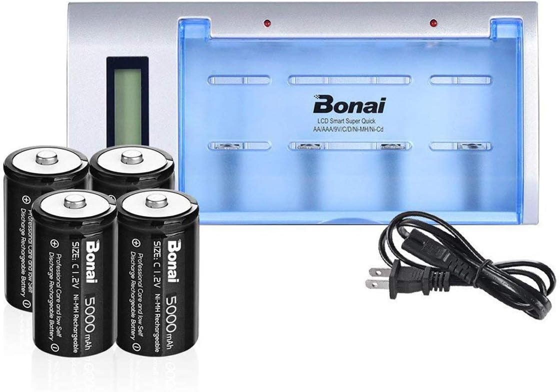 BONAI Rechargeable D Batteries with Charger LCD Smart Battery Charger for C D AA AAA 9V Ni-MH Ni-CD Rechargeable Batteries with 10000mAh Rechargeable
