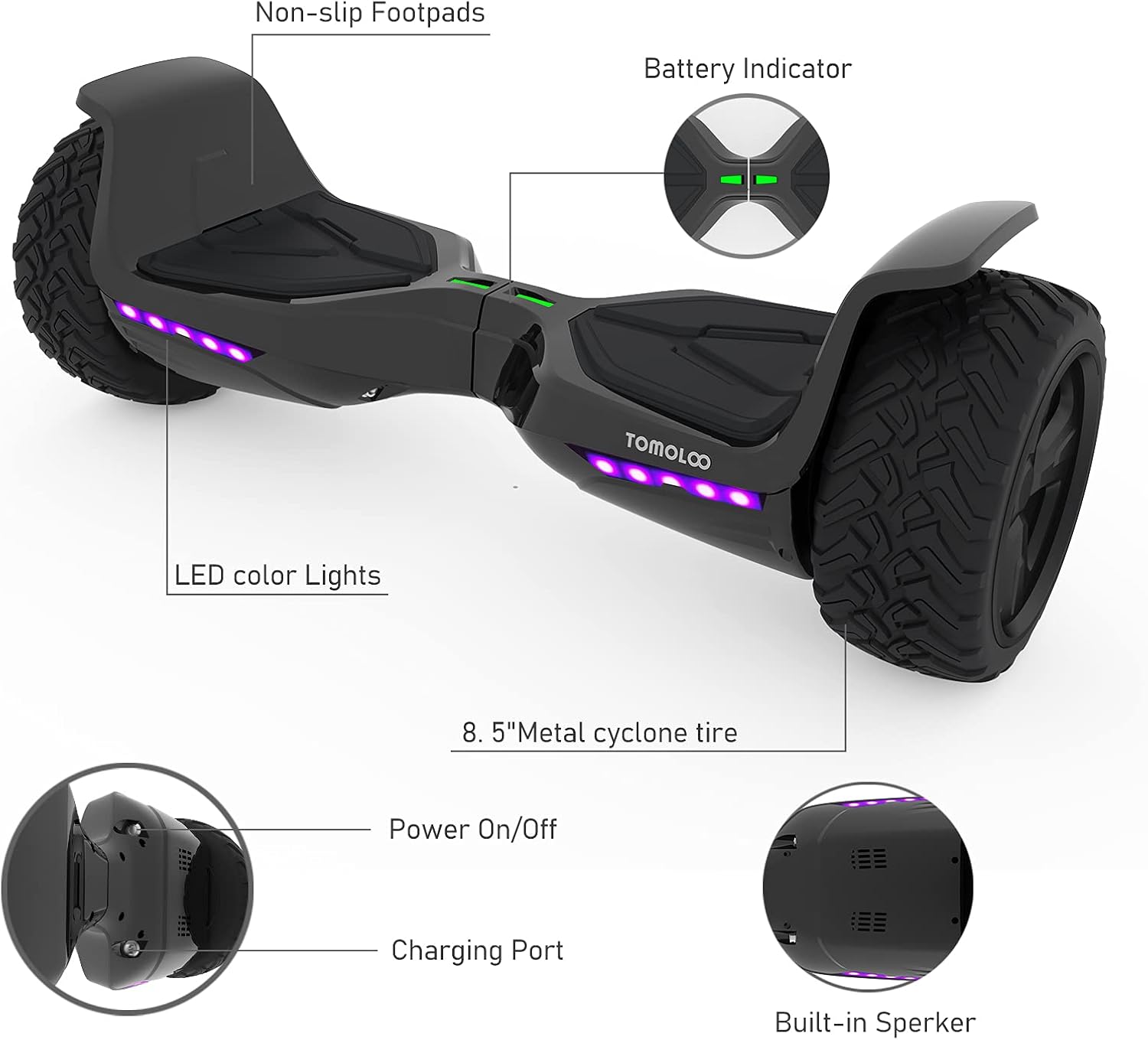 Hoverboard, 8.5 inches All-Terrain Off-Road self-Balancing V2 hoverboards with Color LED Lights, Bluetooth and Speakers, Smart APP Control