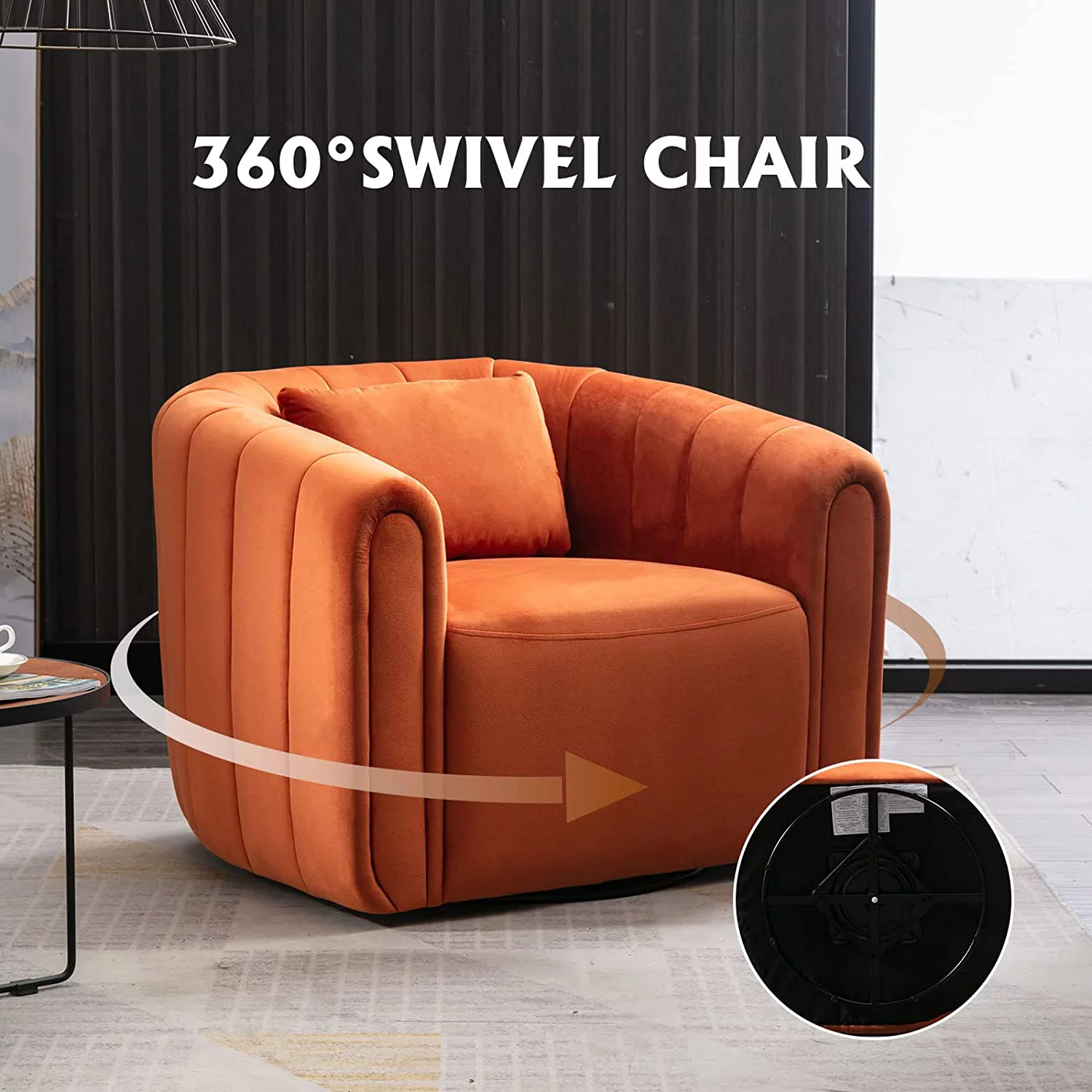 Bonzy Home Swivel Barrel Chair with Plump Pillow, Modern Channel Velvet Accent Chair, Comfy Round Armchair