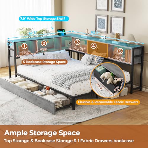 DICTAC Corner Full Bed Frame with Bookcase Storage and Led Lights Full Size Metal Platform Bed Frame with Storage Drawers & Charging Station Full