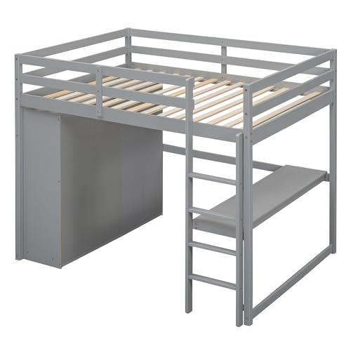 Full Size Loft Bed with Desk & Wardrobe, Solid Wood Kids Loft Bedframe w/3 Storage Drawers & 2 Shelves, Maximum Space Design, for Bedroom, Dorm, Gray