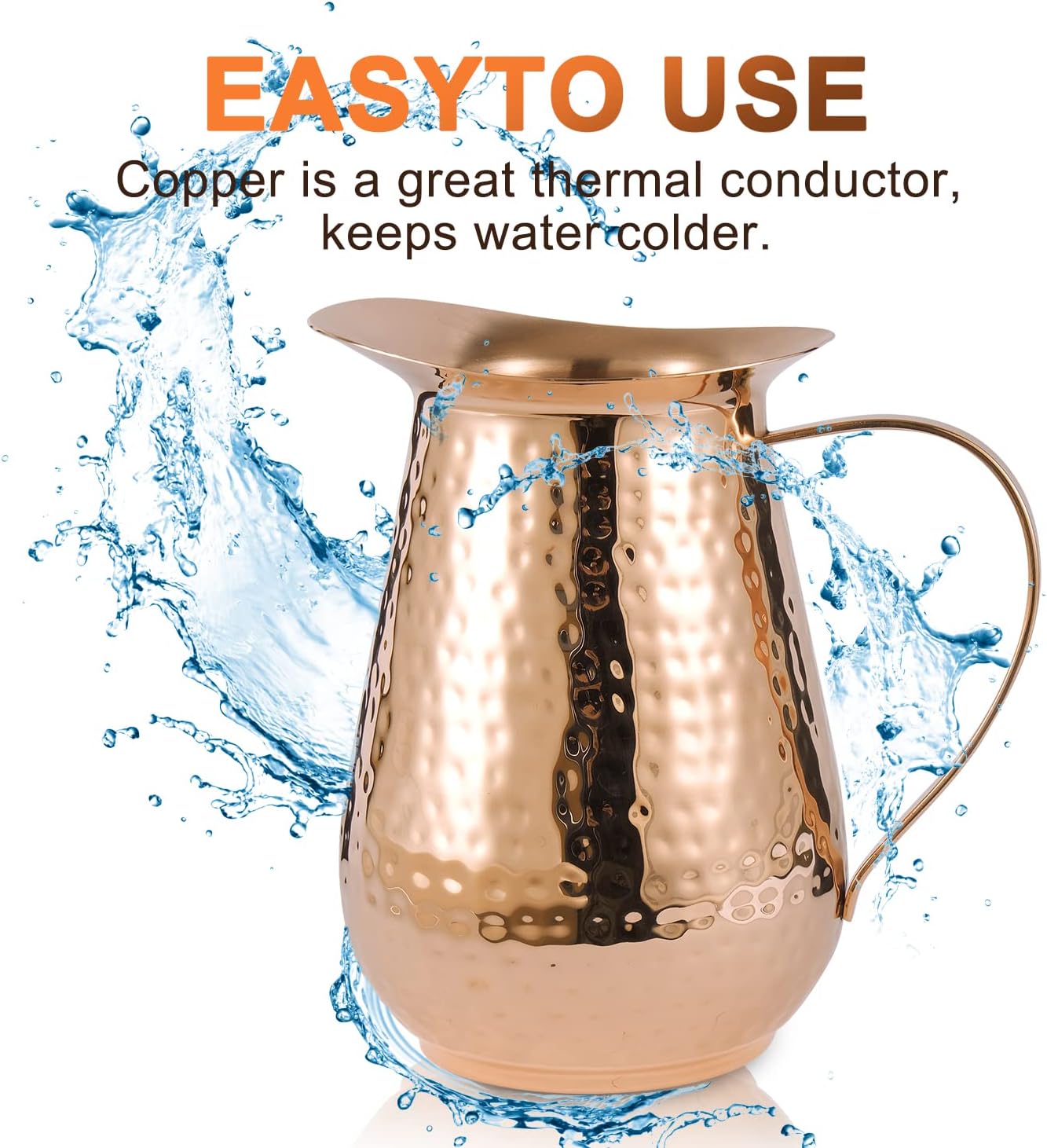 Pure Copper Water Pitcher with lid , 100% Solid Copper Jug, Capacity 70 Oz, Copper Hammered Vessel, Copper Carafe For Ayurveda Health