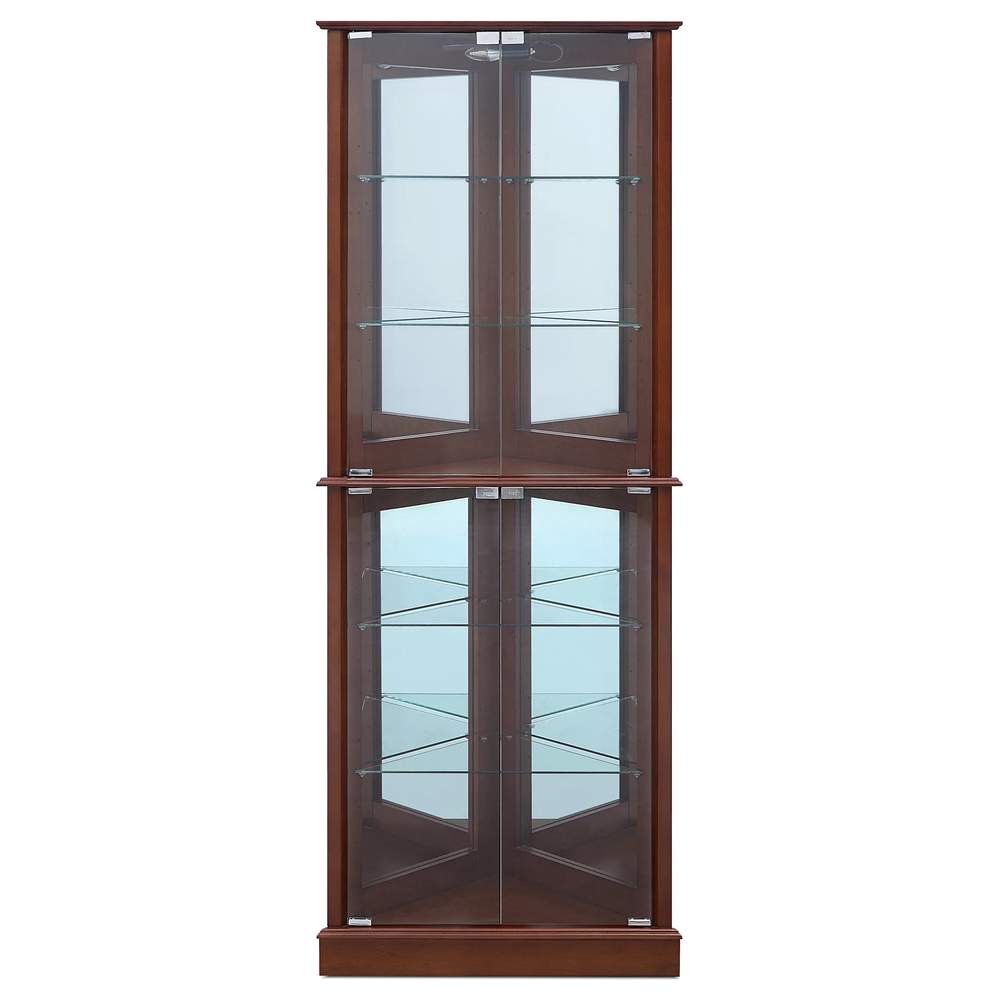 BELLEZE Woody Lighted Corner Curio Cabinet Tempered Glass Door 6 Shelves, Walnut