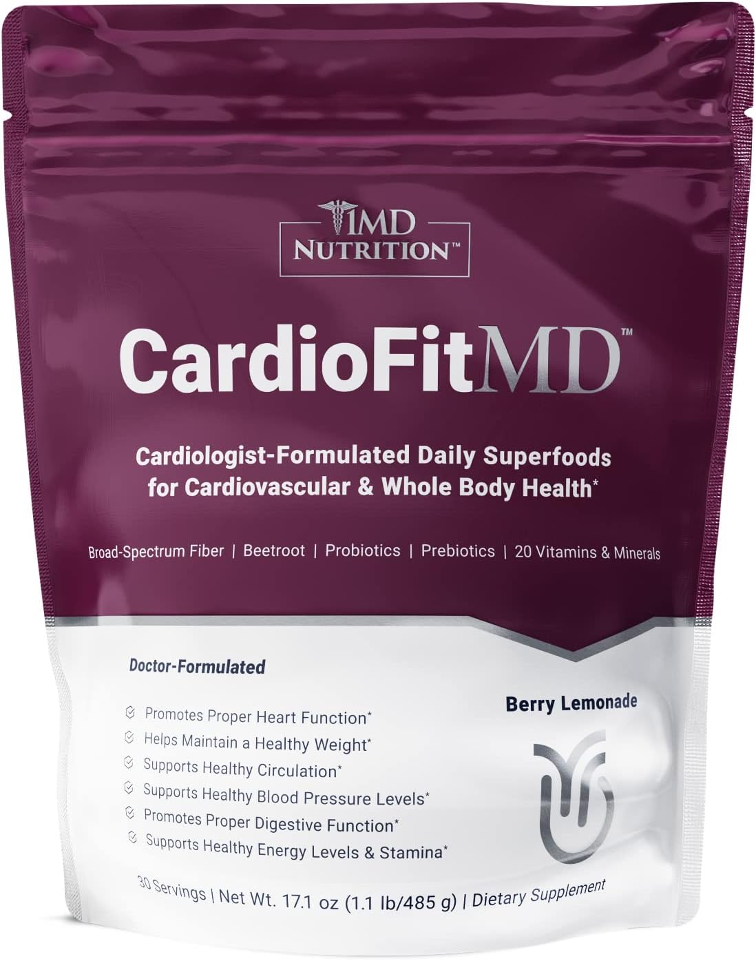 1MD Nutrition CardioFitMD - Vegan Beets Superfood Keto-Friendly Heart Health Powder - High Fiber Nutritional Supplement Drink - 30 Servings Pack of 2