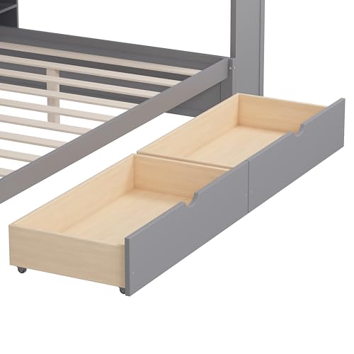 Bellemave Twin Corner Bed Frame with Storage Shelves and Desk, Wood Twin Size Daybed with Bookcase and Drawers and Storage, Gray