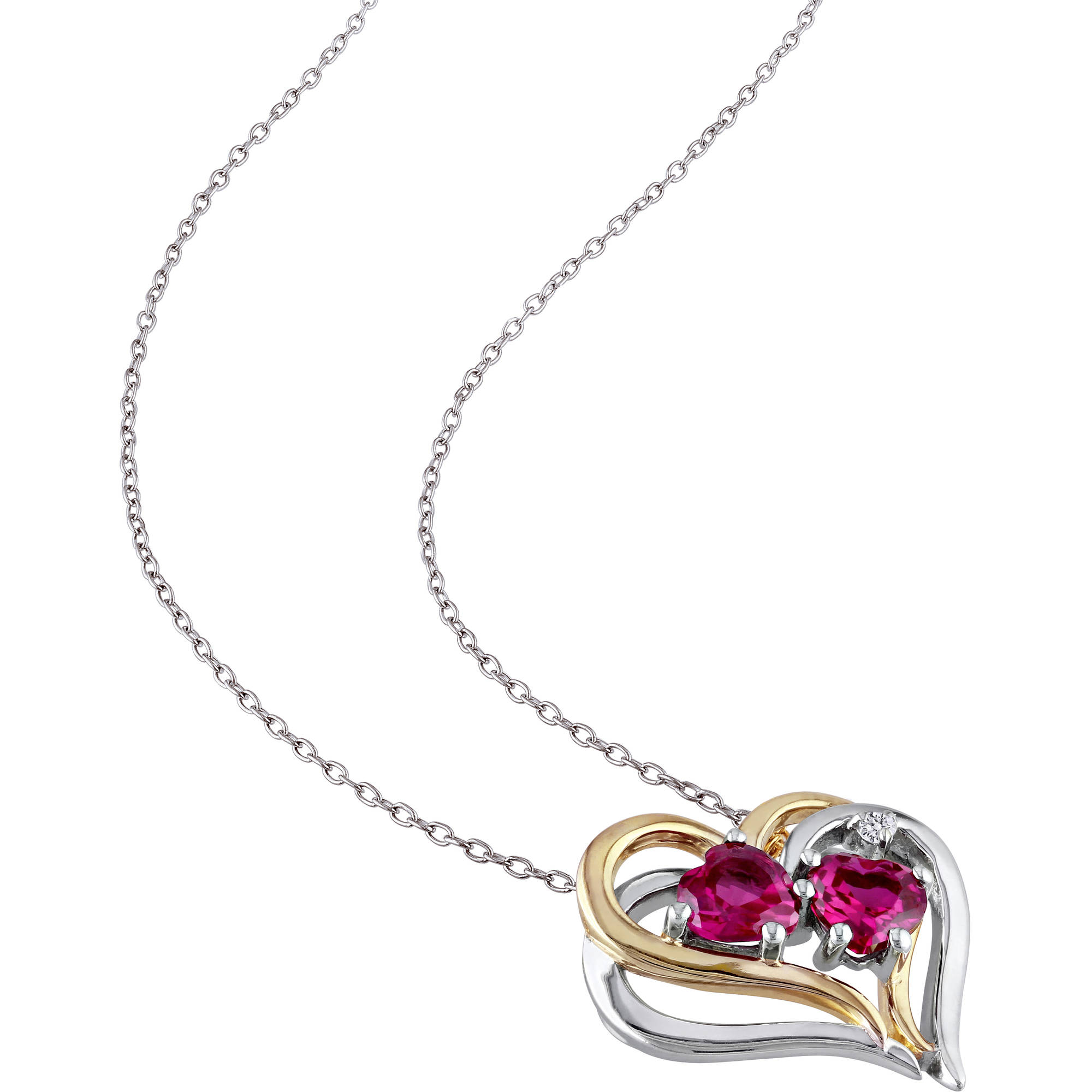 Everly Women's 1 1/6 Carat T.G.W. Heart-Cut Created Ruby & Round-Cut Diamond Accent T.W.-Tone Silver Double Heart Pendant with Chain with Shared