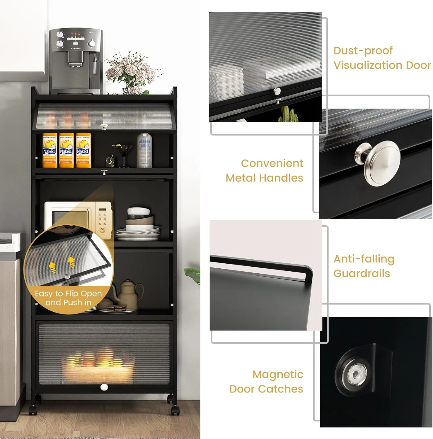 TJUNBOLIFE 5-Tier Kitchen  Cabinet  Freestanding Baker\u2019s Rack with 4 Rolling Casters  Mobile Microwave Stand with Double Anti-toppling Device