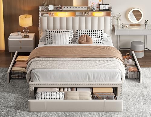 EnHomee Queen Bed Frame with 3 Storage Drawers, Upholstered Bed Frame Queen Size with 2-Tier Storage Headboard, Wooden Slats, No Box Spring Needed