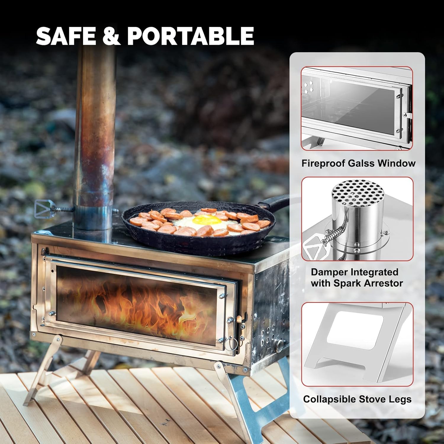 Fastfold Hot Tent Stove with Reinforced Body, Portable Wood Burning Stove with Secondary Combustion