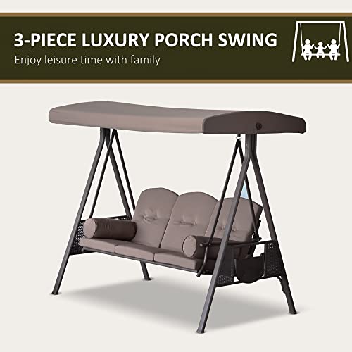 Outsunny 3-Seat Patio Swing Chair, Outdoor Porch Swing Glider with Adjustable Canopy, Removable Cushion, Pillows and Side Trays, for Garden, Poolside
