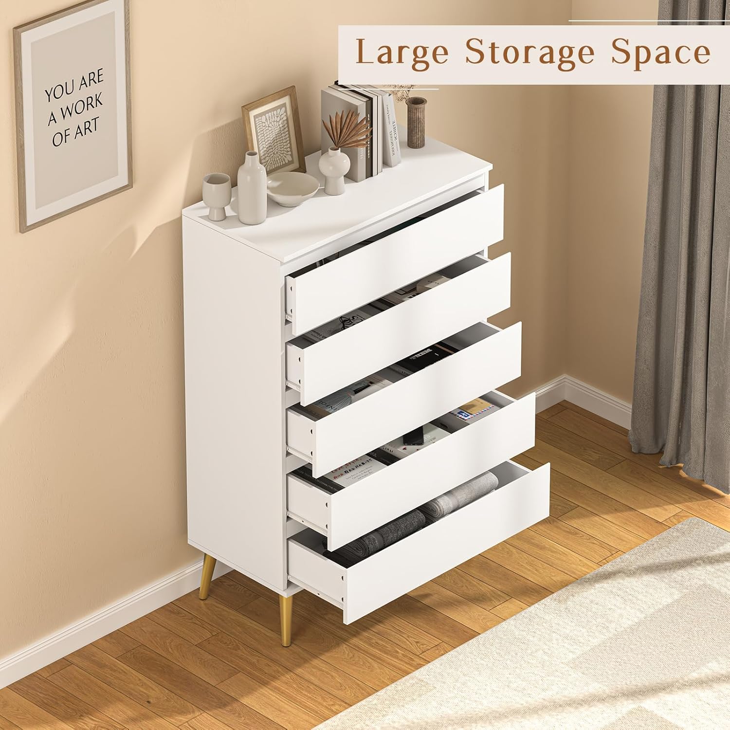 Dresser for Bedroom with 5 Drawers, Wide Chest of Drawers with Smooth Metal Rail, Clothing Organizer with Large Storage Space, Storage Cabinet for
