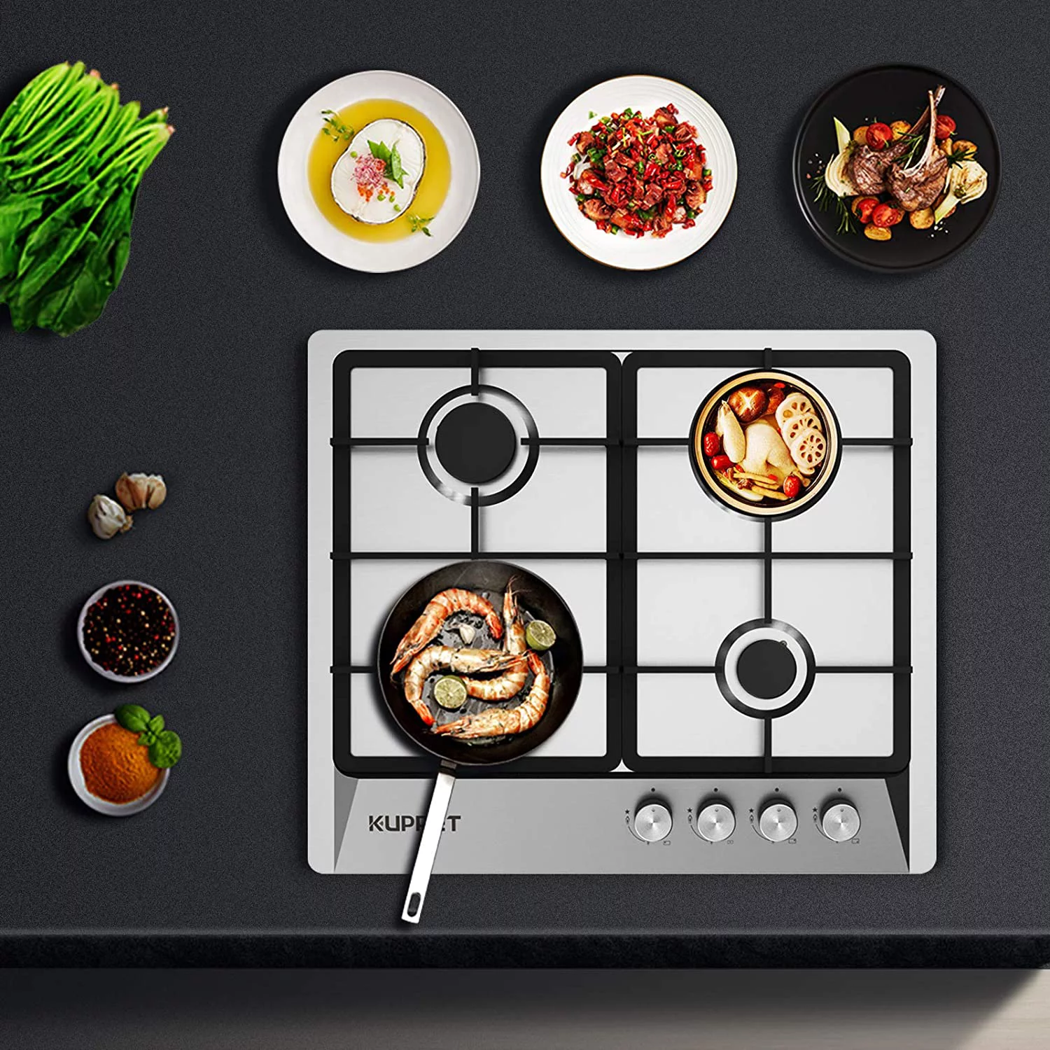24 Inch Gas Cooktop, KUPPET QM4050 Gas Stove Cooktop with 4 Italy Sabaf Sealed Burners, Stainless Steel Cooktop Gas Hob