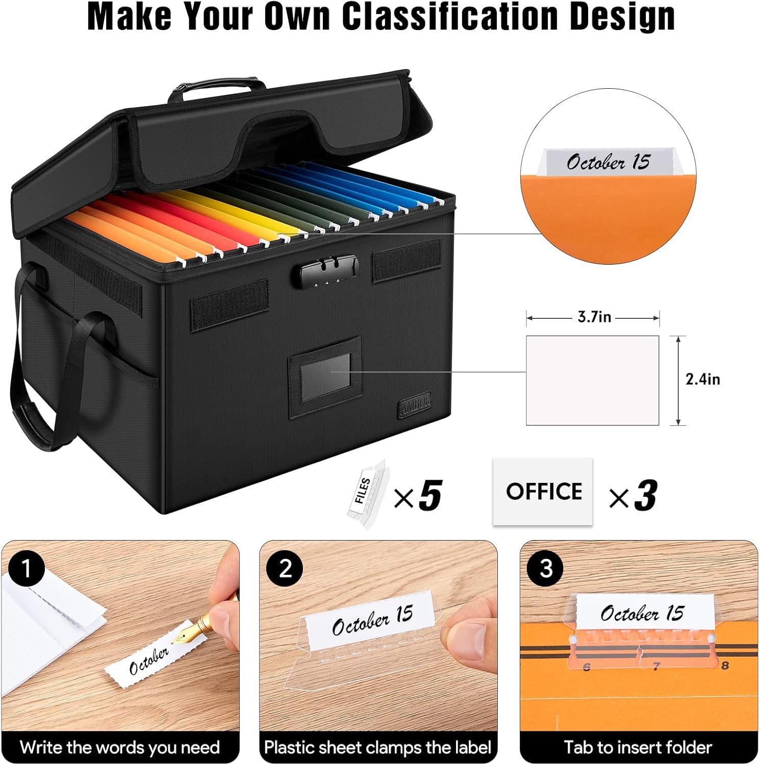 File Box with Lock, AMBOR Fireproof Document Box with 5 Tabs & Inserts