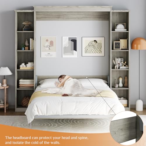 Rophefx Queen Murphy Bed Cabinet with 5-Tier Adjustable Storage Shelves, Queen Wall Bed Cabinet Bed, Wood Space Saving Beds, Foldable Platform Beds