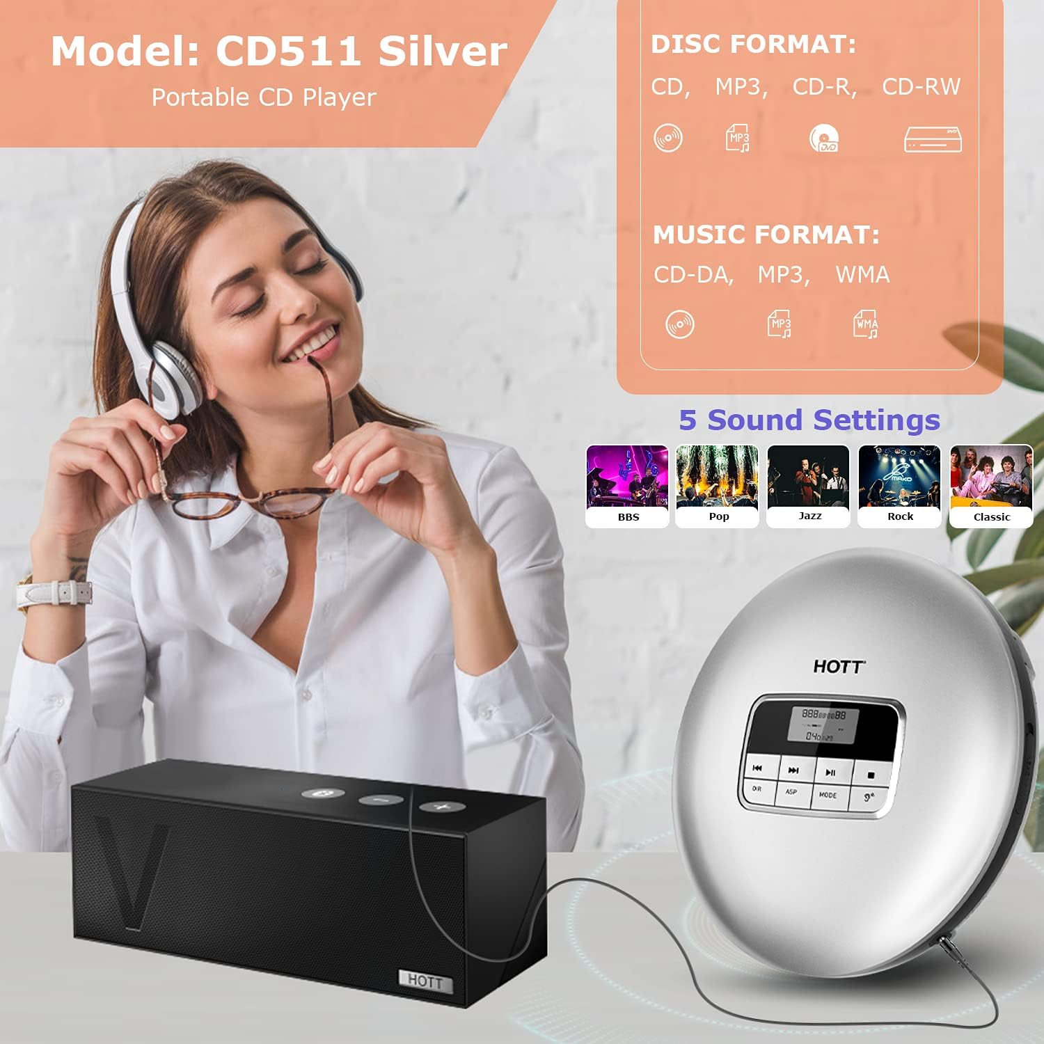 HOTT CD511 Portable CD Player, Personal Compact CD Player with Headphones, Anti-Skip/Shockproof for Home Travel and Car