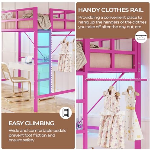 DICTAC Loft Bed Twin Size with Ladder and Guardrail,Metal Twin Loft Bed with Led Lights,Small Space Saving Furniture Design for Bedroom