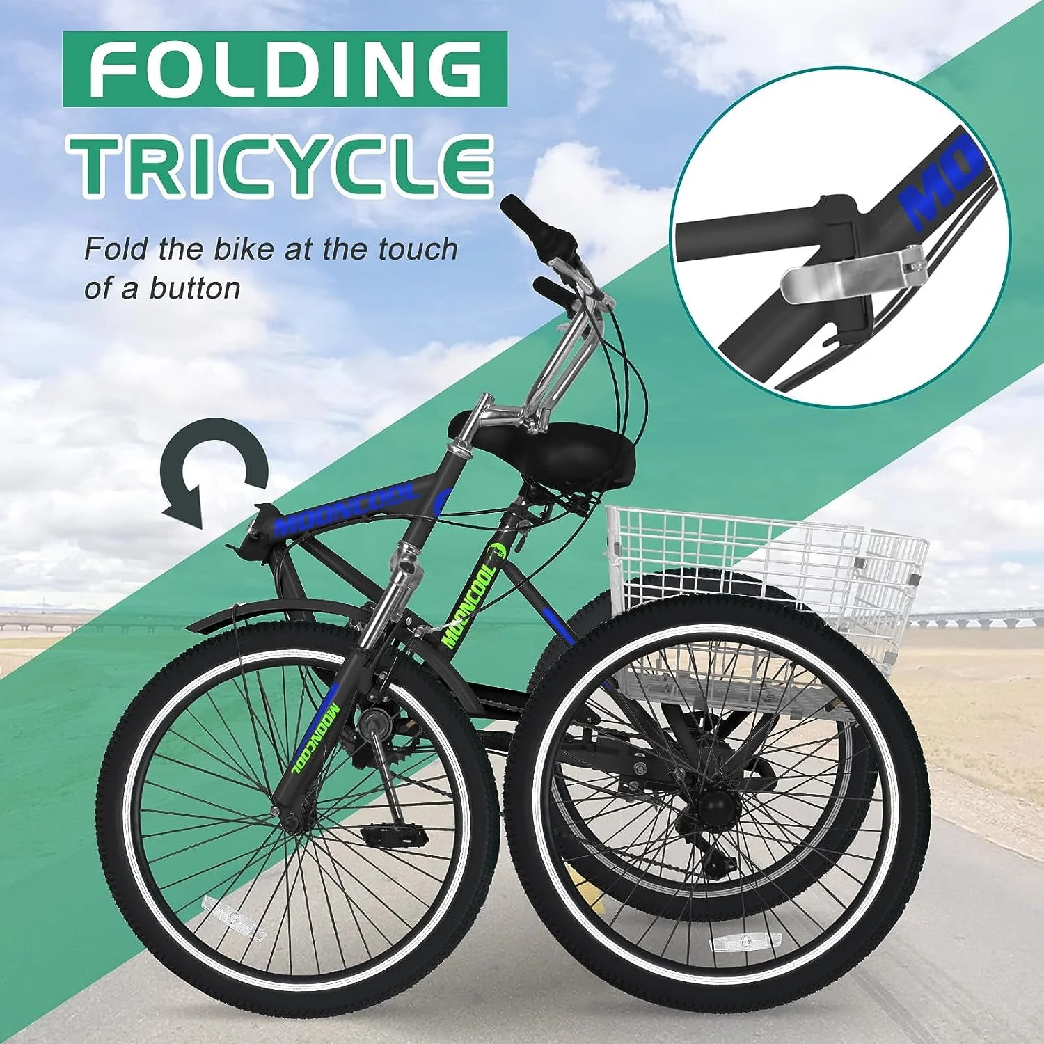 MOONCOOL Adult Folding Tricycle for Adults, 7 Speed 20/24/26 inch 3 Wheels Bikes with Basket, Foldable Tricycle for Adults, Women, Men, Seniors