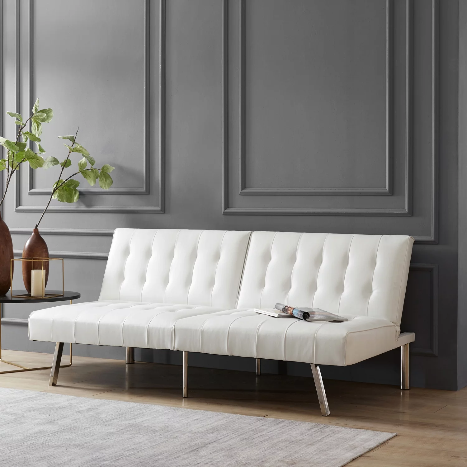 Tufted Split Back Futon Sofa Bed, Couch Bed, Futon Convertible Sofa Bed with Metal Legs by Naomi Home-Color:White,Style:Faux Leather