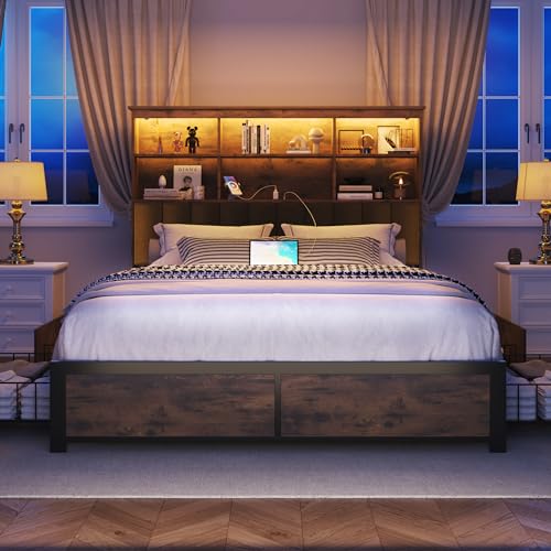 Lifezone Queen Bed Frame with Headboard, Queen Bed Frame with High Storage Bookcase Headboard,4 Storage Drawers & Charging Station & LED