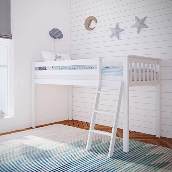 Max & Lily Twin Low Loft Bed with Staircase, White White Low Loft + Staircase Bed