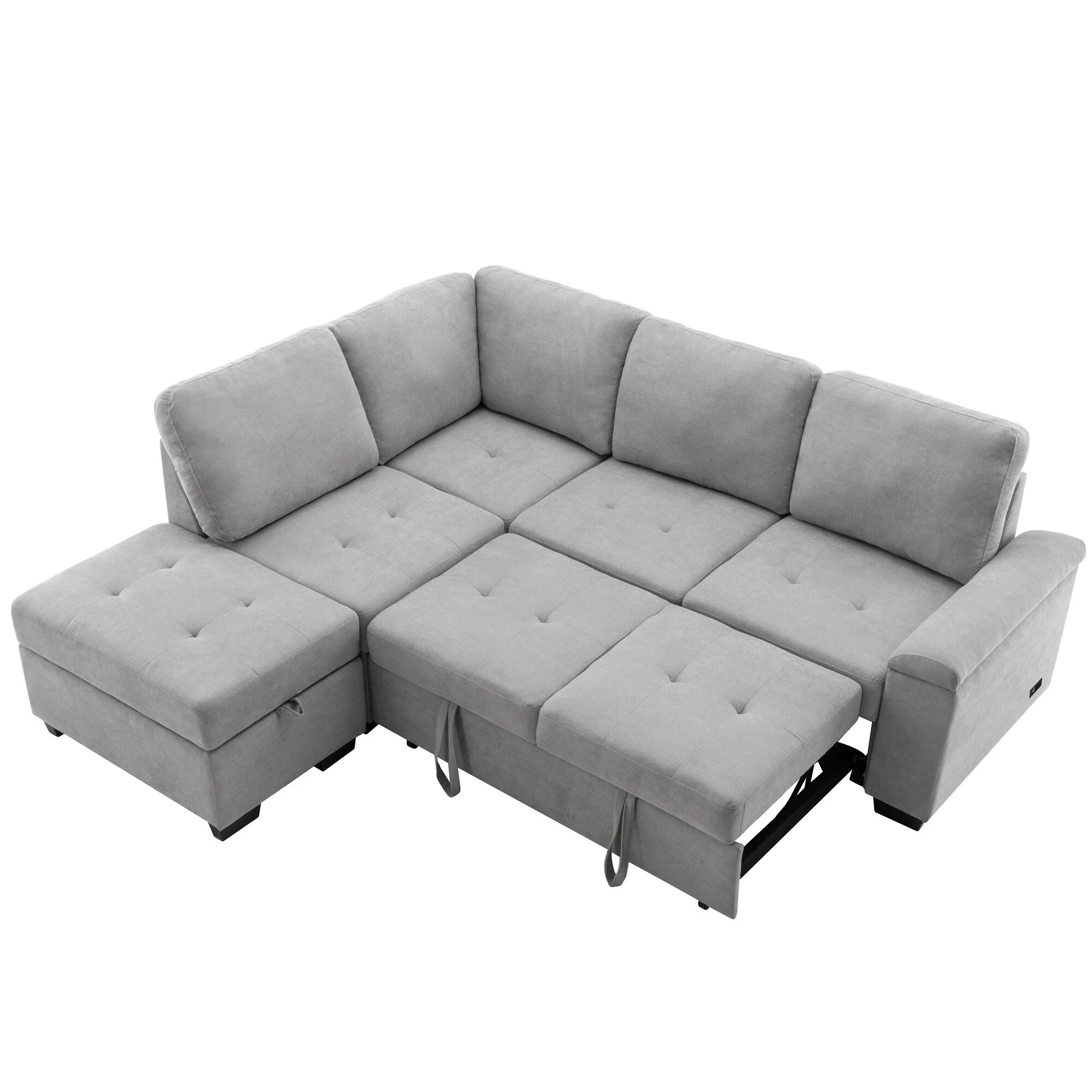 L-Shape Sleeper Sectional Sofa with Storage Ottoman & Hidden Arm Storage, Corner Couch Sofa with USB Charge for Living Room