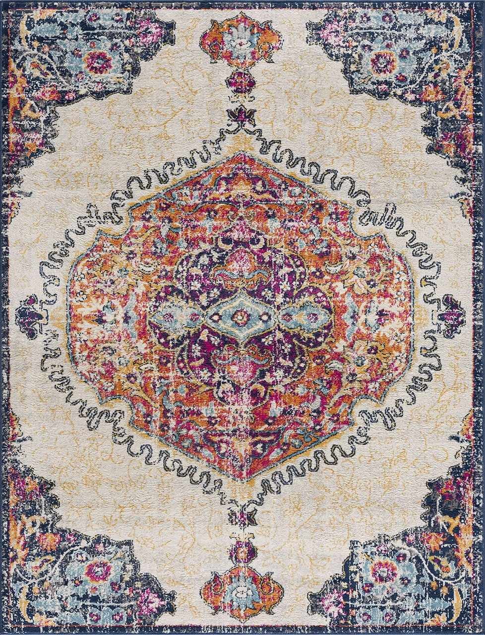 Tigris Collection Pasha Oriental Farmhouse Living Room Bedroom Dining Room Area Rug - Vintage Distressed - Boho Chic Medallion Pattern - Beige, Ivory