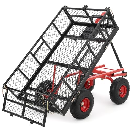 880lbs Steel Garden Dump Cart, Heavy Duty Yard Dump Utility Wagon w Removable Mesh Sides, Utility Metal Wagon w 180° Rotating Handle