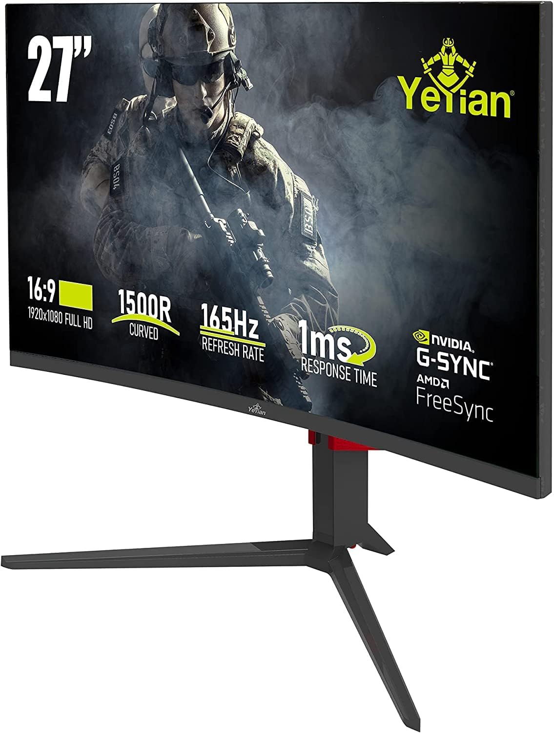 YEYIAN Sigurd 3001 27” Curved PC Gaming Frameless LED Multistand Monitor, 1080P HD, 165Hz, 1ms, 3000:1, 16:9, 178°, 16.7M Colors, G-Sync, FreeSync