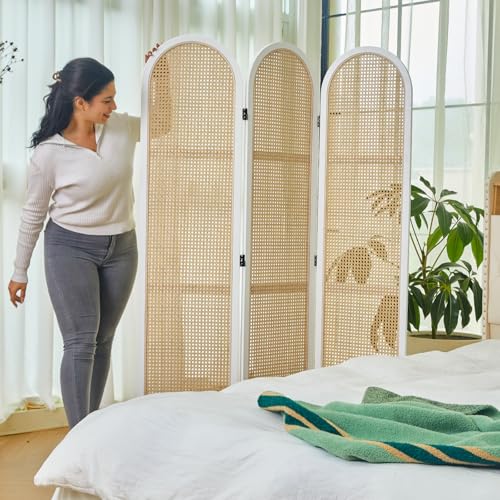 Room Divider and Folding Privacy Screens, Pine Wood 5.6 Ft Double Hinged Rattan Partition Freestanding Wall Room Divider for Home - 3 Panels