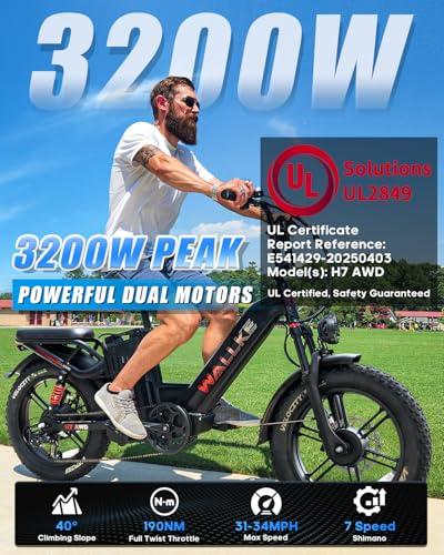 W Wallke AWD Dual Motor Electric Bike for Adults, UL2849 Certified, 48V 60Ah Battery Cell Brand Sam-Sung, Long Range 200 Miles 35MPH Fast Ebike