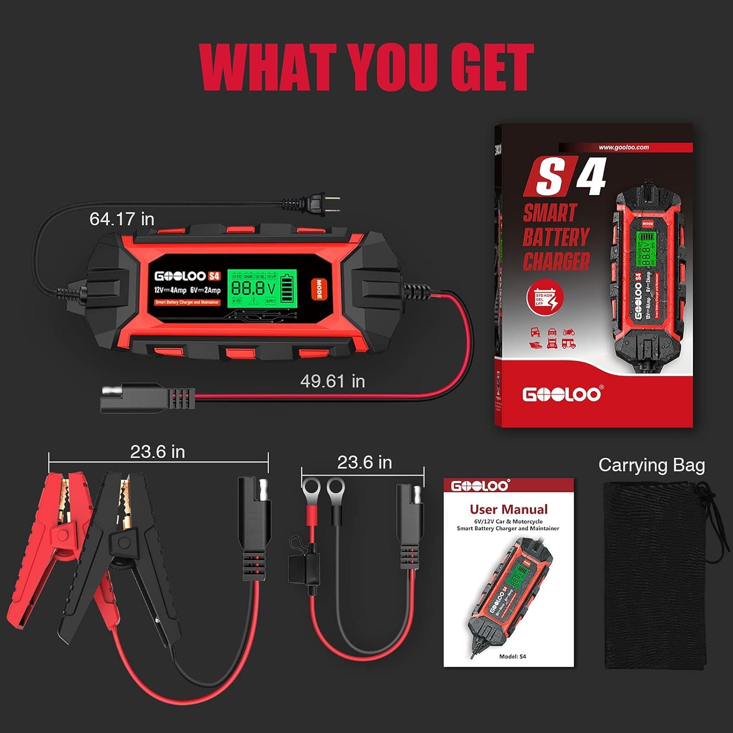 GOOLOO 4-Amp Car Battery Charger Automotive, 6V and 12V Battery Charger Maintainer, Trickle Charger, Supersafe Smart 12 Volt Automatic Float Charger