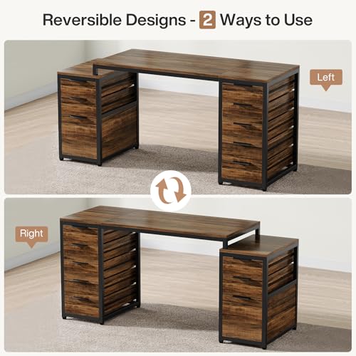 Tribesigns Computer Desk with 8 Drawers, 63" Office Desk with Reversible File Cabinet and Storage Drawers