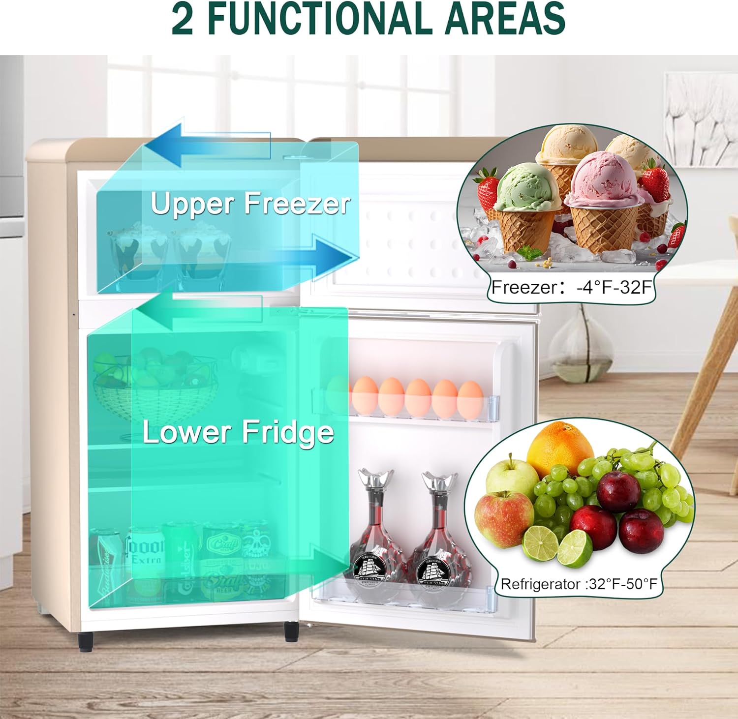 Compact Fridge with Freezer Retro Mini Fridge with Freezer for Bedroom, 2-Door Retro Fridge Compact Refrigerator with Adjustable Thermstat