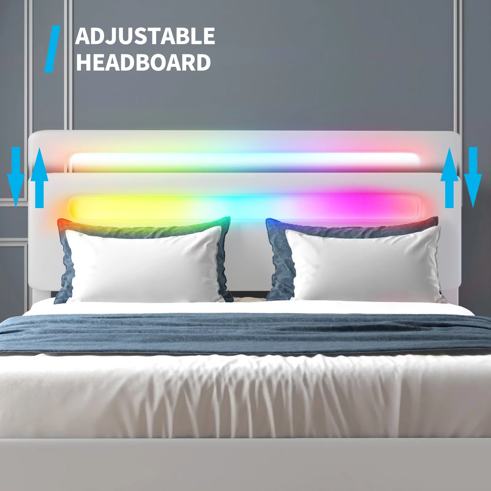 Mjkone King Bed Frame with 4 Storage Drawers, RGB LED Bed Frame with Adjustable Headboard by App Control, Works with Alexa