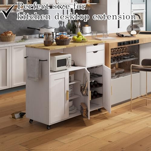 Rolling Mobile Kitchen Island Cart Bar with Drawer and Desktop Drop Leaf Countertop, Island Table Storage with 5 Wheels