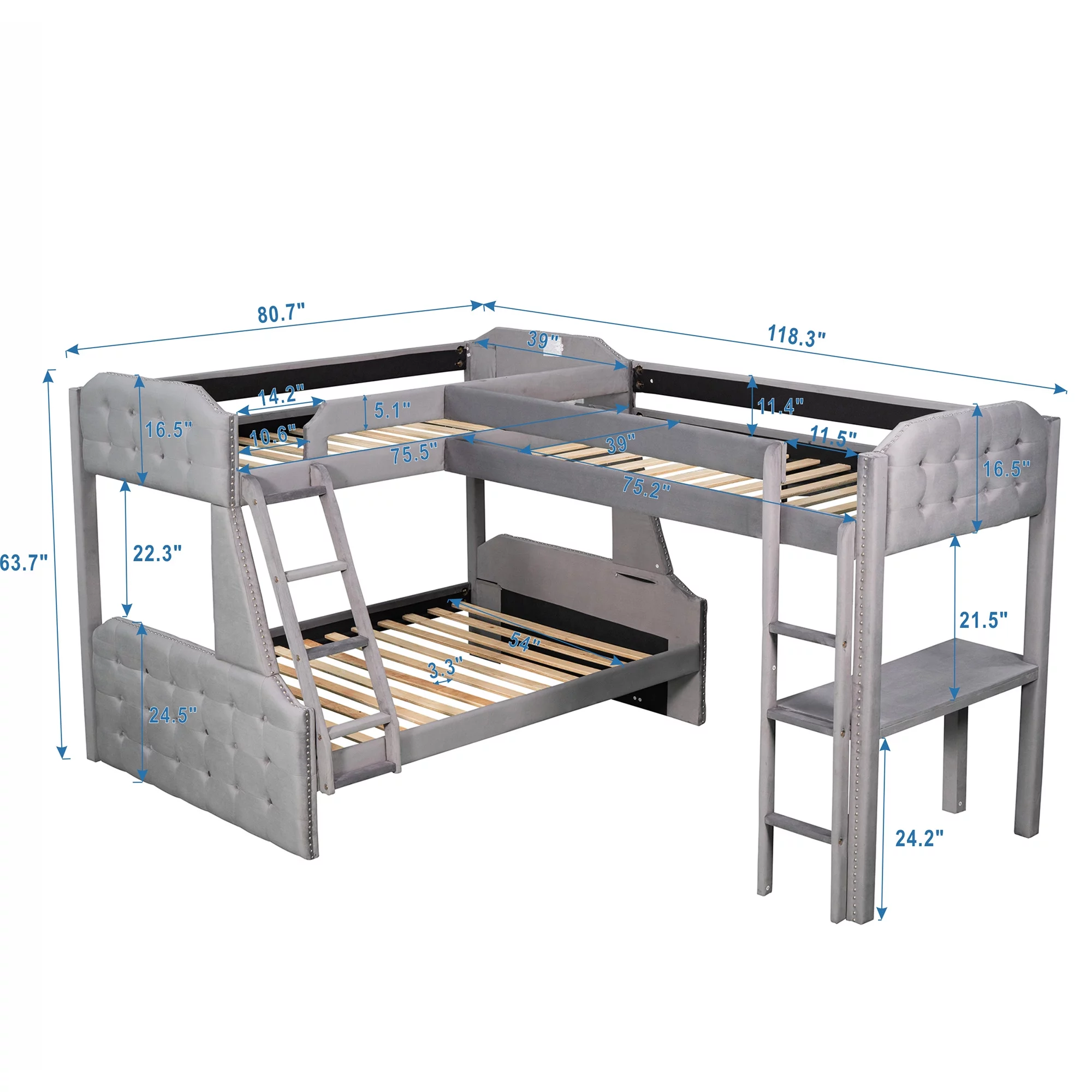 Euroco Upholstery Twin over Full Bunk Bed, Twin Size Loft Bed with Built-in Desk, 3-in-1 Bunk Bed, Solid Upholstered Wood Frame for More Kids, Gray