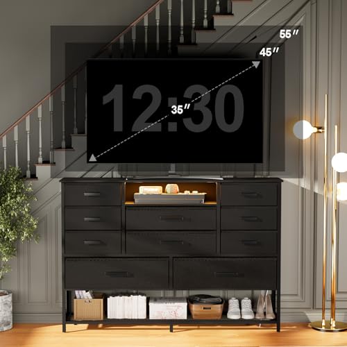 Black Dresser for Bedroom with 10 Drawers, Dresser with Charging Station, TV Stand Dresser with LED Light for 55" TV