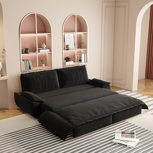 70.1" Futon Sofa Bed Queen Size, Pull Out Bed, 3-in-1 Convertible Sleeper Sofa with 2 Soft Pillows, Modern Velvet Futon Couch for Living Room