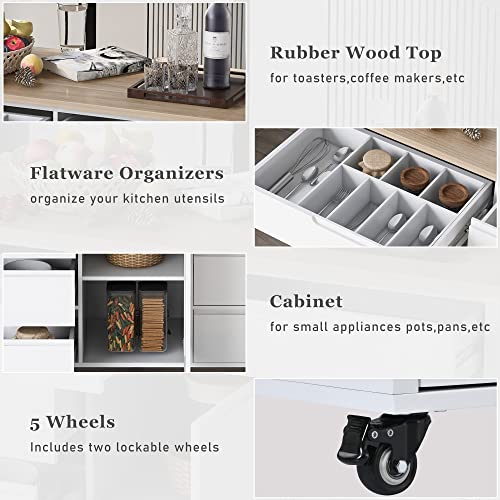 Woenei Kitchen Island Cart with Storage- Rolling Cart Buffet Sideboard with Drawers,Portable Wood Coffee Bar Cabinet,Mobile Island on 5 Wheels