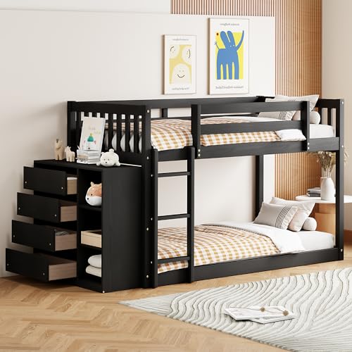 Ball & Cast Full Over Full Bunk Bed with Twin Size Trundle and Built in 4 Drawer,Wood Bunkbed w/Storage Ladder & Slat Support
