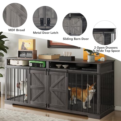Aoowow Large Double Dog Crate Furniture 72.4" Indoor Dog Kennel with Sliding Barn Door and Divider