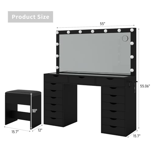 Vanity Desk with Mirror and Lights, Makeup Table with Charging Station, 3 Color Lighting Modes, 15 Drawers Dressing Table