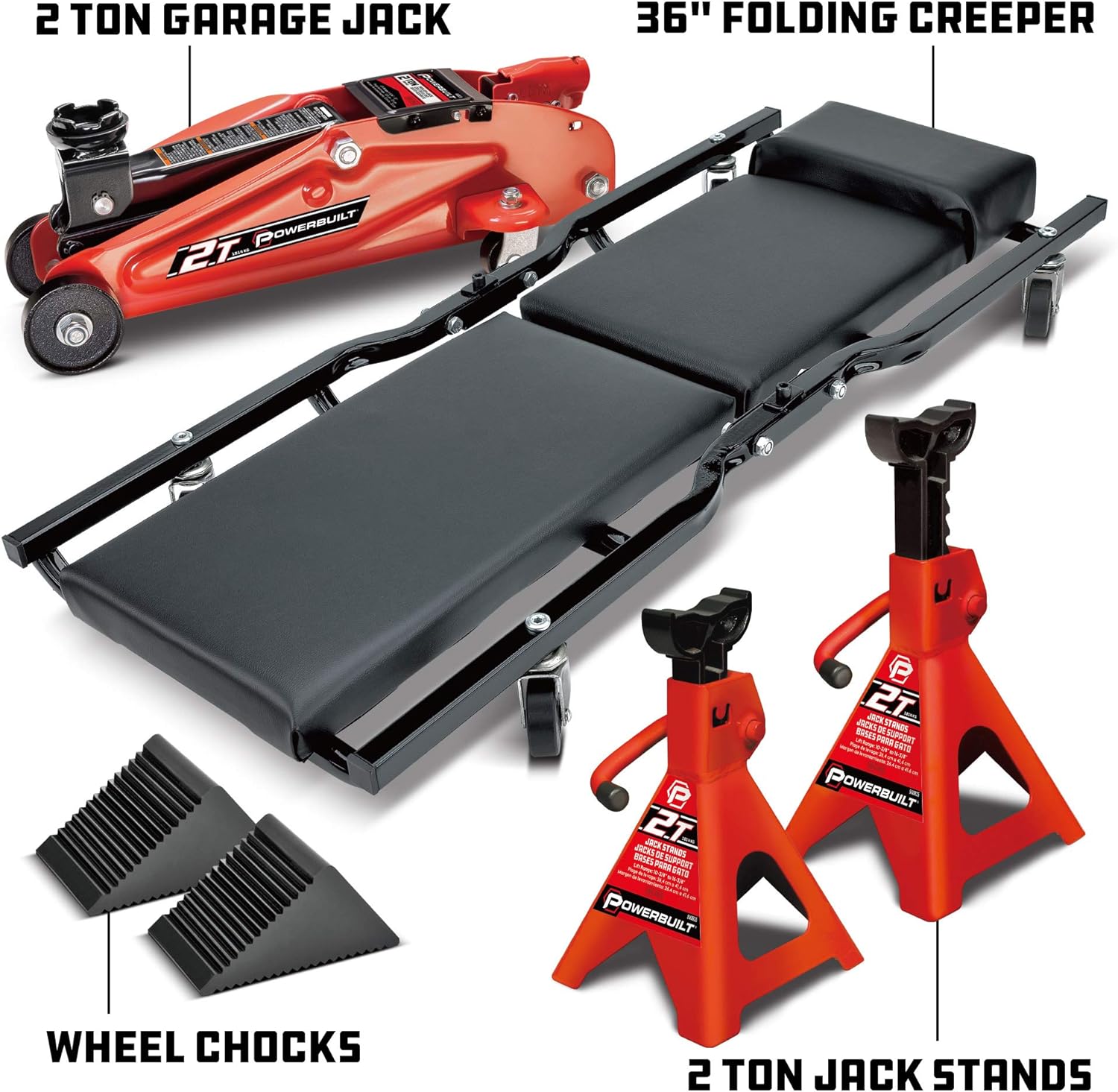 Powerbuilt 6 Piece Car Jack and Garage Creeper Service Set, 2 Ton Vehicle Lift, Jackstands, Folding Creeper, Wheel Chocks