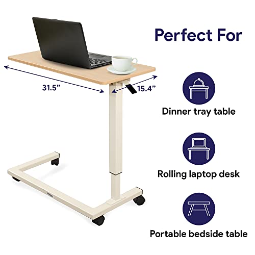 Medacure Hospital Bed Table, Light Oak - Overbed Table with Wheels & Adjustable Height - Food, Laptop, and Reading Overbed Desk