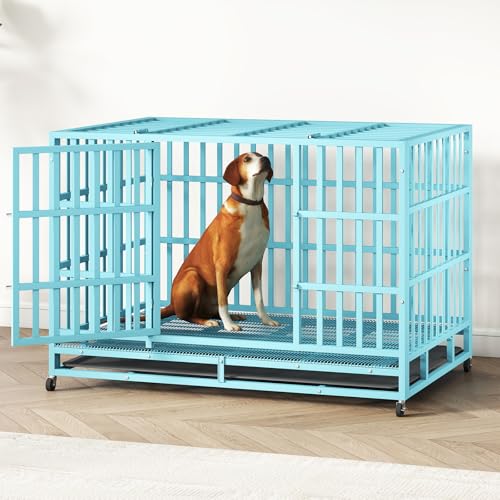 48 Inch Heavy Duty Dog Crate – Indestructible Steel Cage for Large Dogs, Double Door High Anxiety Cage with Removable Tray & Locking Wheels