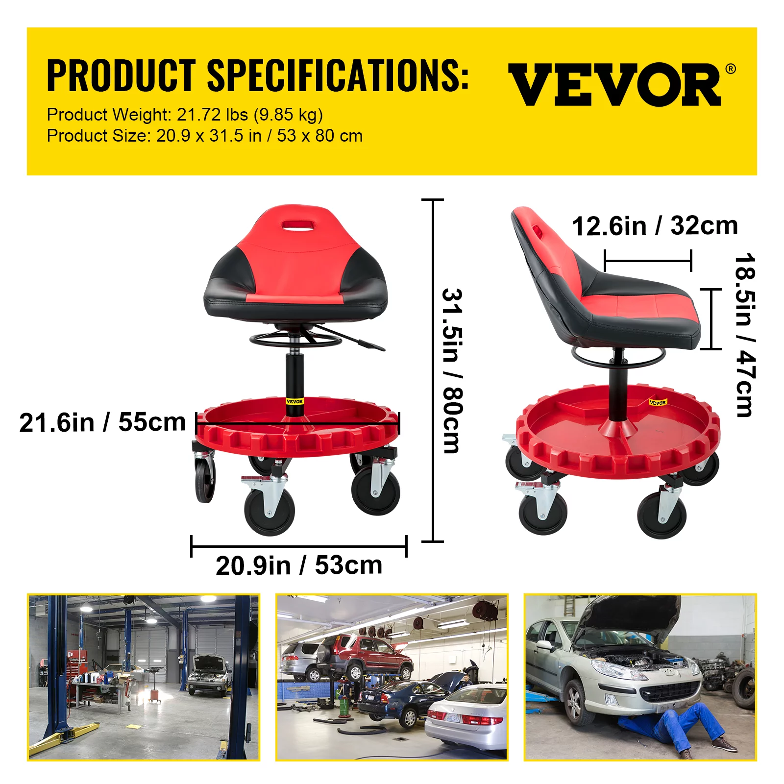 VEVOR Rolling Garage Stool, 300lbs Capacity, Adjustable Height from 21 in to 26 in, Mechanic Seat with 360-degree Swivel Wheels and Tool Tray
