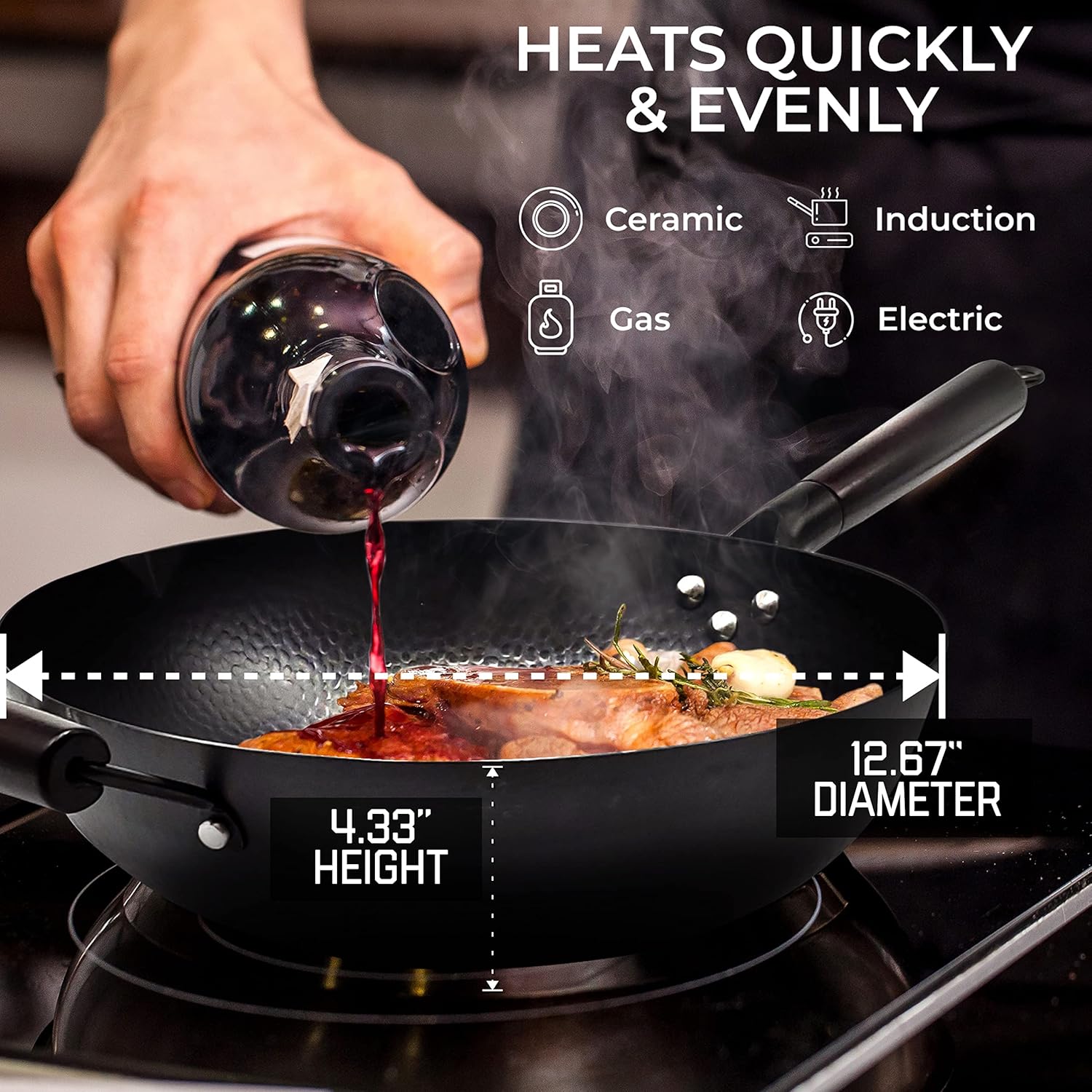 HOME EC Carbon Steel Wok Pan With Lid, Stir Fry Wok Set, Steel Spatula, and Cleaning Brush