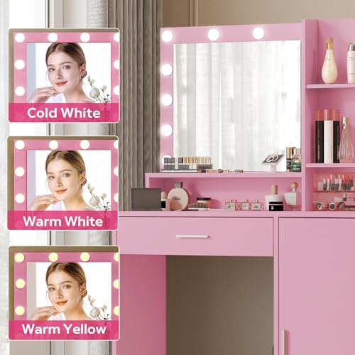 Vanity Desk with Mirror and Light, Large Drawer and Three Level Storage Dresser, 3 Lighting Modes Adjustable Brightness